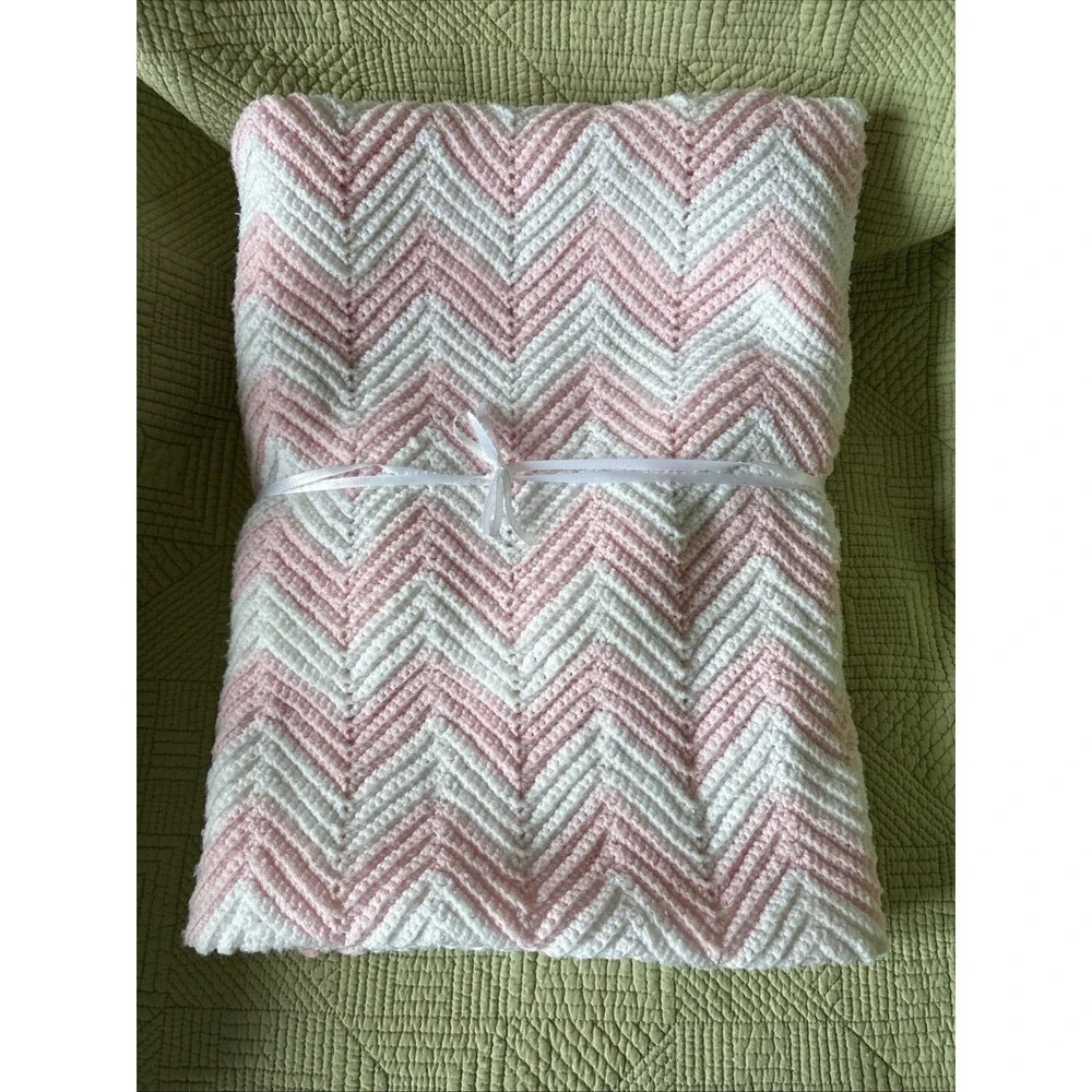 Chevron Pink And White Baby Afghan 46x35